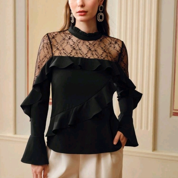 FRILL MOCK NECK LACE YOKE RUFFLE TRIM BLOUSE - Picture 1 of 4